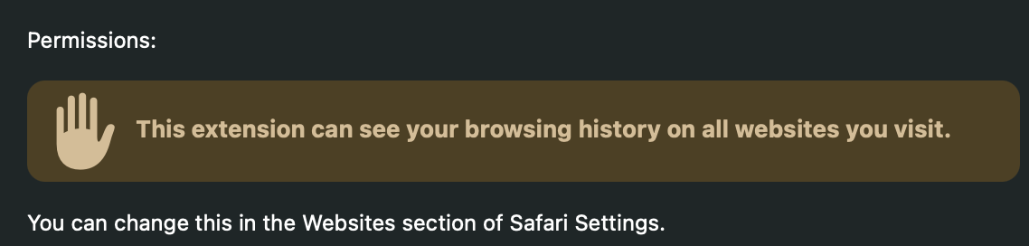 A browser permission notice reading: “This extension can see your browsing history on all websites you visit.”