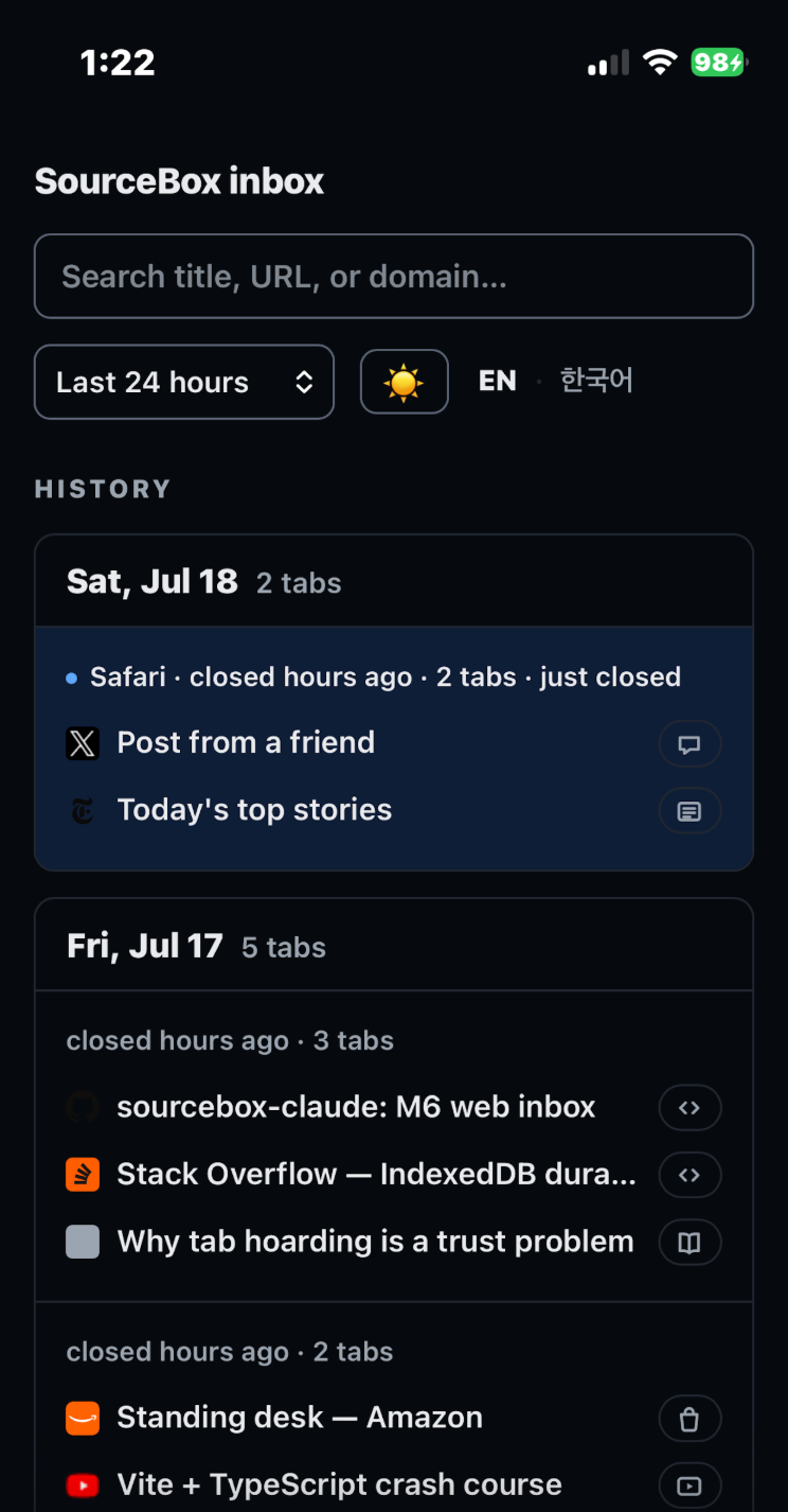 The SourceBox inbox on a phone: closed tabs listed by day and window, each with its title and a category icon, above a search box and a time filter.